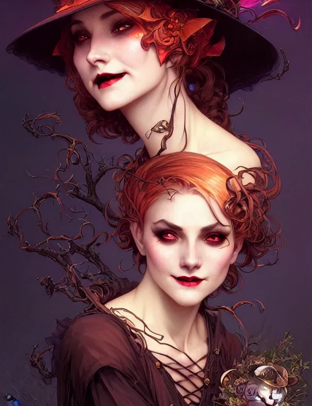 Image similar to halloween witch woman in a hat smiles, fantasy magic, undercut hairstyle, dark light night, intricate, elegant, sharp focus, illustration, highly detailed, digital painting, concept art, matte, art by wlop and artgerm and greg rutkowski and alphonse mucha, masterpiece