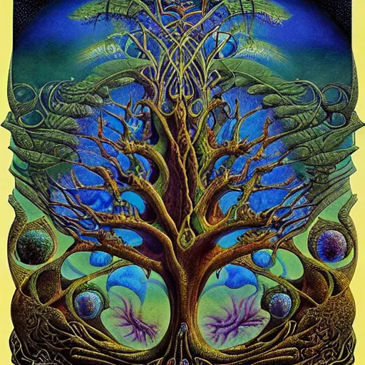 Image similar to sacred mulberry tree by roger dean and andrew ferez, art forms of nature by ernst haeckel, divine chaos engine, tree of life, symbolist, visionary, art nouveau, botanical fractal structures, lightning, surreality, lichtenberg figure