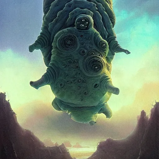 Prompt: fractal 4 th dimensional tardigrade!!! terror and horror painting tardigrade!!! descending onto an apocalyptic earth, by greg rutkowski and studio ghibli, inspired by zdzisław beksinski, cinematic, atmospheric, dramatic colors, dawn.