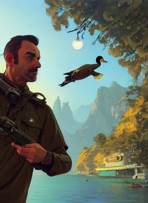 Image similar to highly detailed portrait of a heroic duck in gta v, stephen bliss, unreal engine, fantasy art by greg rutkowski, loish, rhads, ferdinand knab, makoto shinkai and lois van baarle, artgerm, pixar, ilya kuvshinov, rossdraws, tom bagshaw, global illumination, radiant light, detailed and intricate environment