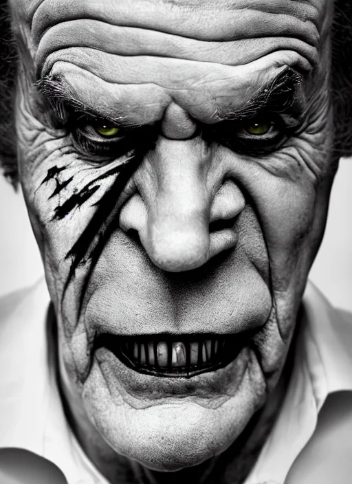 Prompt: photo of Jack Nicholson as the Joker with green hair by Lee Jeffries, head shot, detailed, award winning, Sony a7R