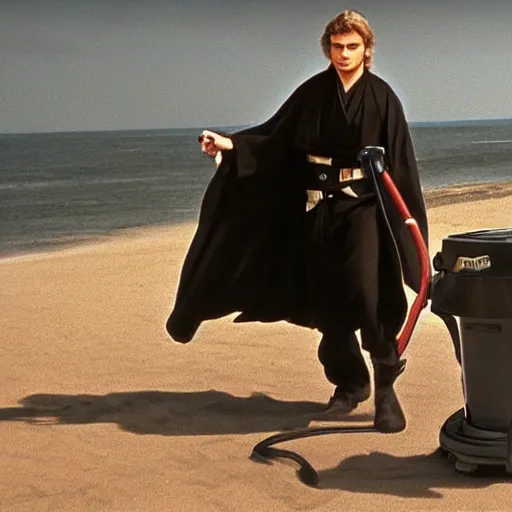 Image similar to Anakin Skywalker!!!, vacuuming on a beach