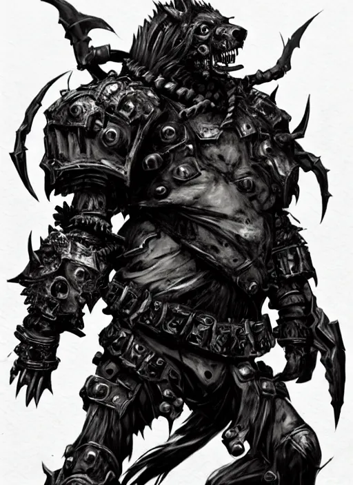 Image similar to Full body portrait of a scary gnoll. Armour made of human skulls. In style of Yoji Shinkawa and Hyung-tae Kim, trending on ArtStation, dark fantasy, great composition, concept art, highly detailed.