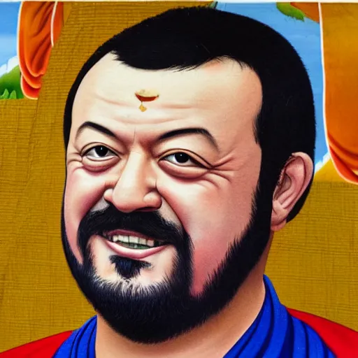 Image similar to thangka painting of matteo salvini, hyperrealistic, trending on artstation