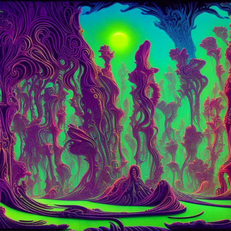 Image similar to interior mythical crystal temple, strange animal silhouettes, fractal waves, synthwave, bright neon colors, highly detailed, cinematic, eyvind earle, tim white, philippe druillet, roger dean, ernst haeckel, lisa frank, aubrey beardsley, kubrick