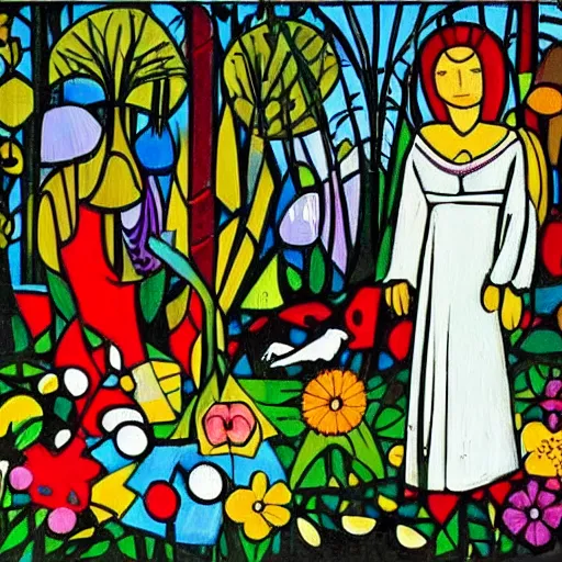 Image similar to In the painting Vasilisa can be seen standing in the forest, surrounded by animals. She is holding a basket of flowers in one hand and a spindle in the other. Her face is turned towards the viewer, with a gentle expression. In the background, the forest is depicted as a dark and mysterious place. constructivist by Romero Britto amorphous, lines