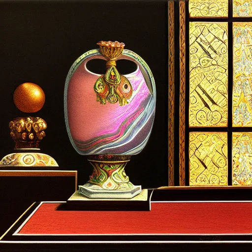 Image similar to still life renaissance pastel painting of a room with a marbled pedestal displaying an ancient holy artifact lotus, chromed and ornate with gentle iridescent shine from within. perspective from the side. realistic light and shadows. moody final fantasy concept art