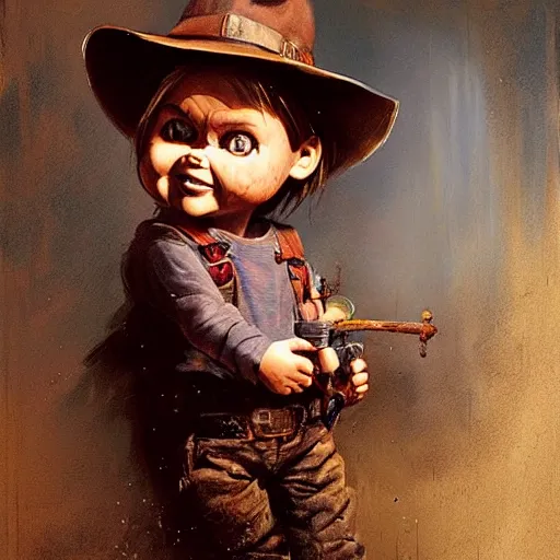 Image similar to the doll chucky playing this role of indiana jones, oil painting, by greg rutkowski