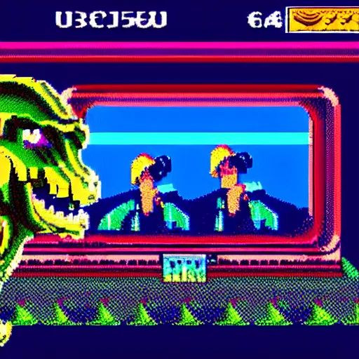 Image similar to beautiful still from retro snes arcade game featuring gene kelly demanding a refund on undercooked overpriced dinosaur steak in downtown dive bar bistro, hyperreal detailed facial features and uv lighting, retro nintendo bitmap pixel art