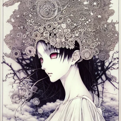 Prompt: prompt: Fragile looking vessel portrait soft light drawn by Vania Zouravliov and Takato Yamamoto, inspired by Evangeleon Anime, magical and alchemical weapons, soft light, white background, intricate detail, intricate ink painting detail, sharp high detail, manga and anime 2000