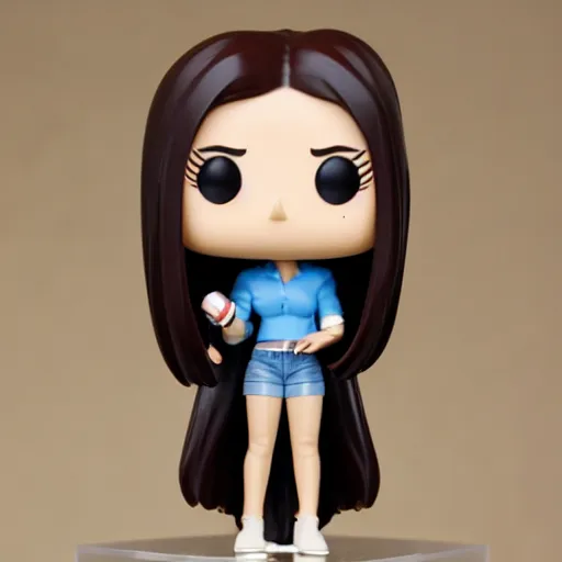 Prompt: funko pop figurine of beautiful smiling girl holding a microphone, very straight brown hair and pale skin wearing blank white thirt and jeans