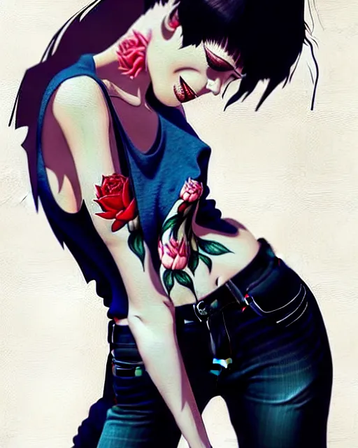 Image similar to a ultradetailed beautiful full body painting of a stylish woman with short hair, she is wearing a black tank top and jeans, by conrad roset, greg rutkowski and makoto shinkai trending on artstation