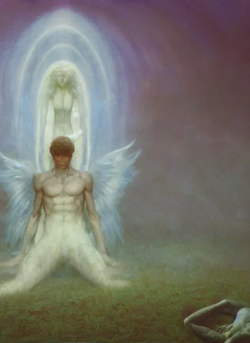 Image similar to giant white glowing angel rising above fallen demon lying on the foggy ground by wayne barlowe, wes anderson, arnold böcklin, roger dean, mikalojus konstantinas ciurlionis, mikhail vrubel and wadim kashin, rich moody colours, 90-s anime, ethereal, lo-fi retro videogame