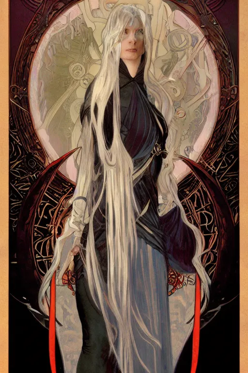 Prompt: tarot card, 4k HD digital full body portrait of Elric of Melibourne, long white hair, black paper, Long black sword with red glowing runes, by Alphonse Mucha, Craig Mullins, Marc Simonetti, Artstation