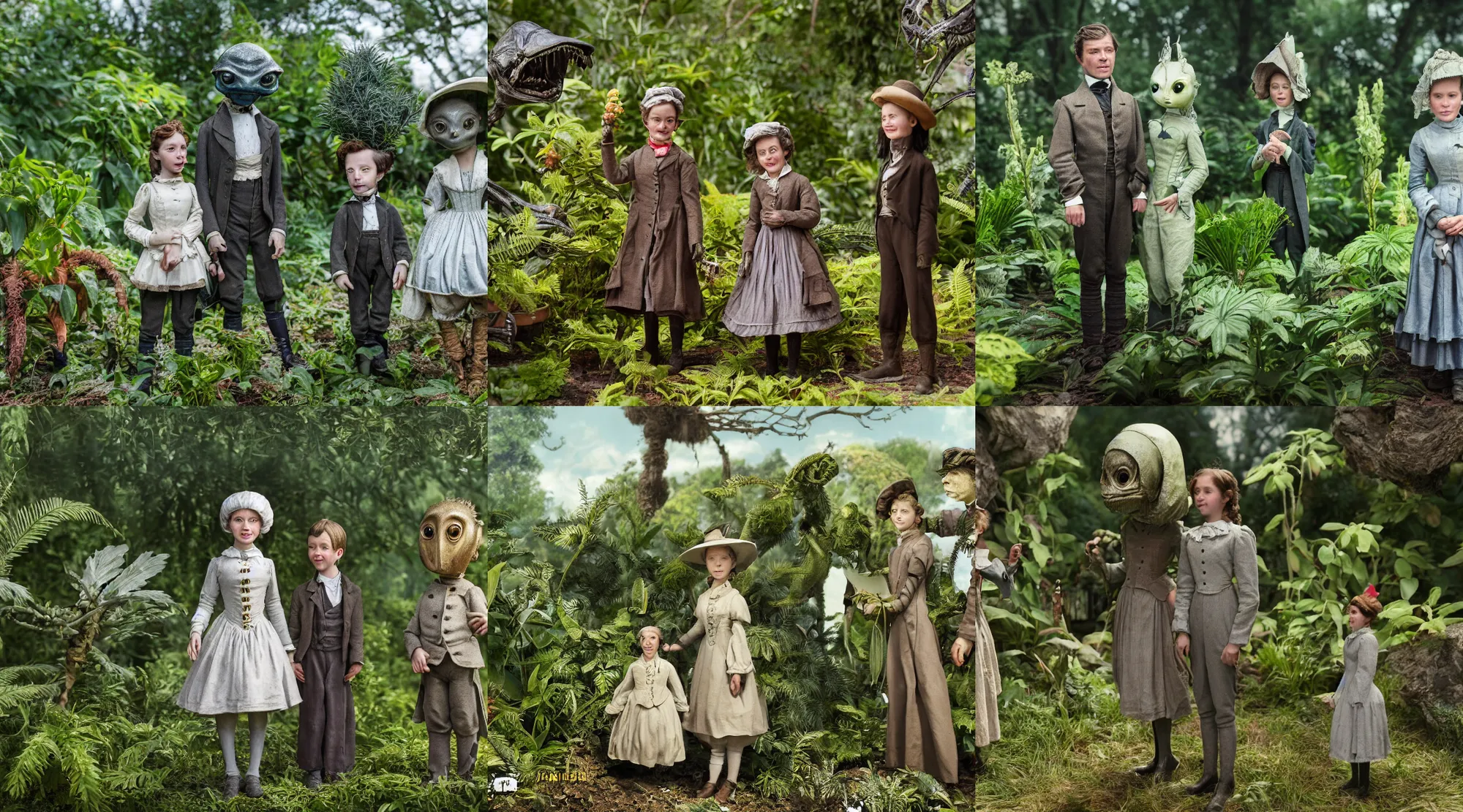 Prompt: detailed, sharp, a girl and a boy standing next to some alien plants, looking happy, wearing 1850s era clothes, their small pet alien creature is hovering nearby, in a park on an alien planet, extremely highly detailed, hyperrealistic, highly detailed faces, 70 mm still from a period sci fi movie, 4k, HD