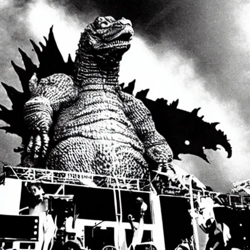 Prompt: Godzilla playing with The Who, on stage at Woodstock, photo