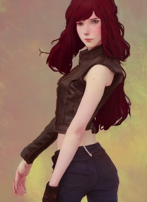 Image similar to pretty young woman with shoulder length shiny shimmering dark red hair and wearing worn leather jacket, concept art, t - pose, full body, path traced, highly detailed, high quality, digital painting, by studio ghibli and alphonse mucha, leesha hannigan, makoto shinkai, arcane