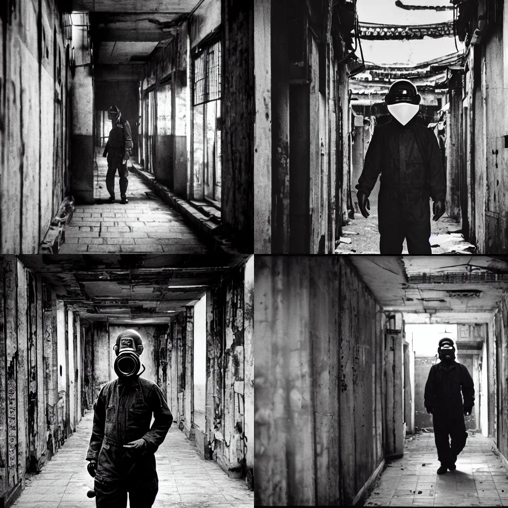 Prompt: A photograph of a man in a gas mask and a flight suit, inside the halls of the Kowloon Walled City. Film Noir. High Contrast. Black and White.