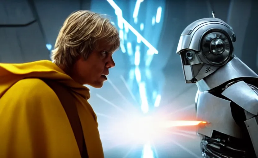 Prompt: cinematic still image screenshot portrait of cybernetic half android half man luke skywalker battle wounds wearing a yellow cape holding up his cybernetic hand, talking to maz kanata,, ending from empire strikes back crisp 4 k imax,, moody iconic scene