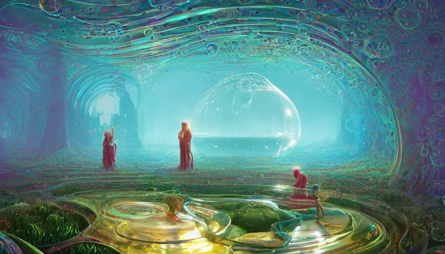 Image similar to a beautiful woman inside ornate bubbles of iridescent liquid, alchemy, intricate, bloom, detailed, volumetric lighting, sharp focus, photorealism, digital painting, highly detailed, concept art, by roger dean and simon stalenhag and mark brooks