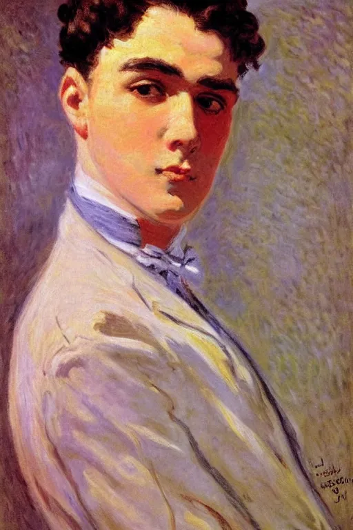 Image similar to attractive male, painting by claude monet, j. c. leyendecker