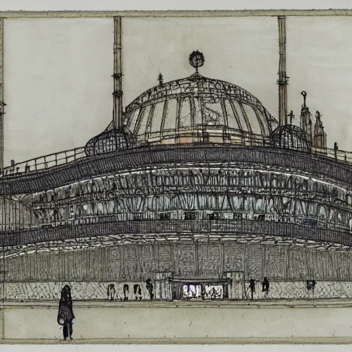 Image similar to Palast der Republik in Berlin, architectural drawing by Arthur Rackham