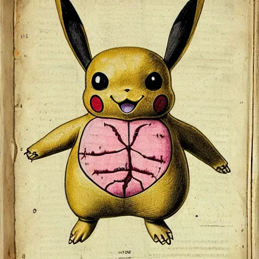 Image similar to anatomical drawing of Pikachu, with organs labeled, 16th century medical textbook