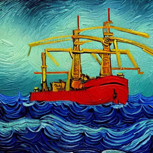 Image similar to oil painting of a fpso in the style of van gogh, natural background, trending on artstation, rough seas