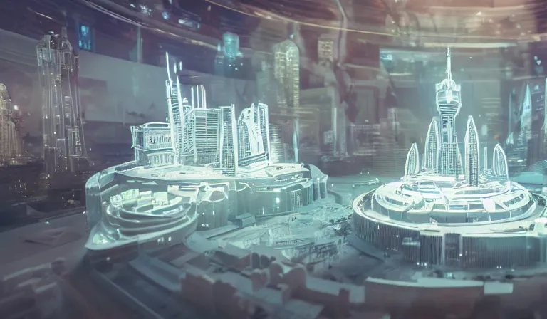 Image similar to crowd of people in simple white museum, looking at hologram of futuristic city on a table, cinematic concept art, godrays, golden hour, natural sunlight, 4 k, clear details, tabletop model buildings, center model buildings, hologram center, crane shot, crane shot, crane shot, white walls