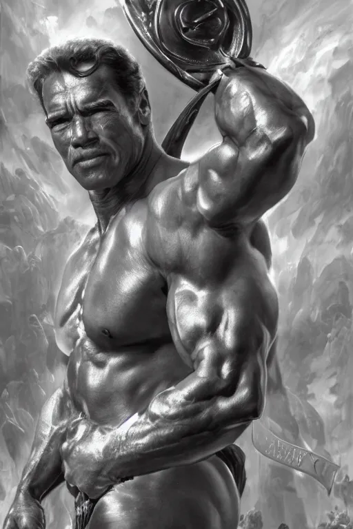 Image similar to arnold schwarzenegger as a greek god, detailed, 8 k, trending on artstation, smooth, sharp focus artwork by mark arian, artgerm, mark keathley, greg rutkowski and alphonse mucha