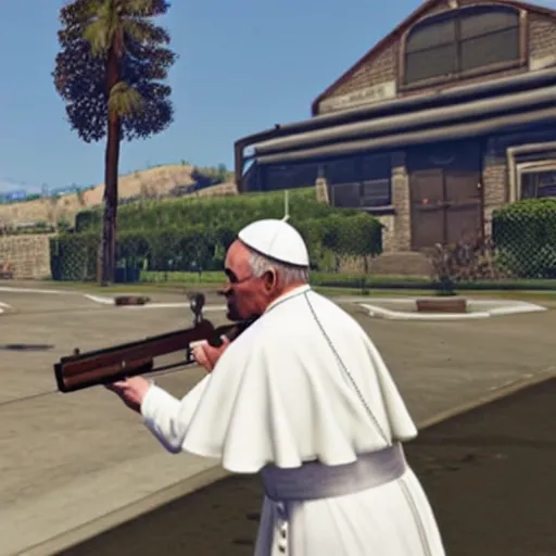 Image similar to the pope shooting a gun as a game character in gta 5, game graphics, game screenshot