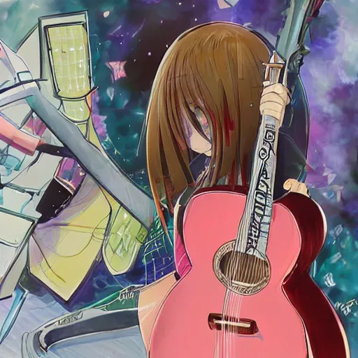 Prompt: anime key visual of yui hirasawa playing guitar, kyoani, pixiv