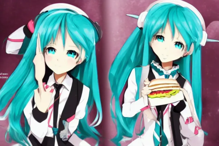 Image similar to Hatsune Miku wearing a sandwich