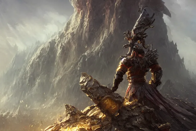 Prompt: warrior standing on top of a pile after battle is over, majestic, flowing cape, cinematic lighting, 4 k smooth, focus, concept art, highly detailed, artstation, trending, feng zhu, shaddy safadi, noah bradley, tyler edlin, jordan grimmer, darek zabrocki, neil blevins, tuomas korpi