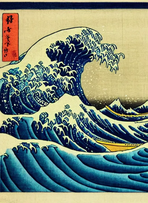 Image similar to a painting of waves in the ocean with mountains in the background, a woodcut by utagawa hiroshige ii, pixiv, ukiyo - e, ukiyo - e, vaporwave, woodcut