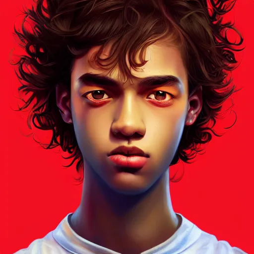 Image similar to colorful and festive captivating teenager with straight brown hair covering his eye, dark skin, big lips, big eyes, wearing a red t - shirt. rich vivid colors, ambient lighting, dynamic lighting, 4 k, atmospheric lighting, painted, intricate, highly detailed by charlie bowater