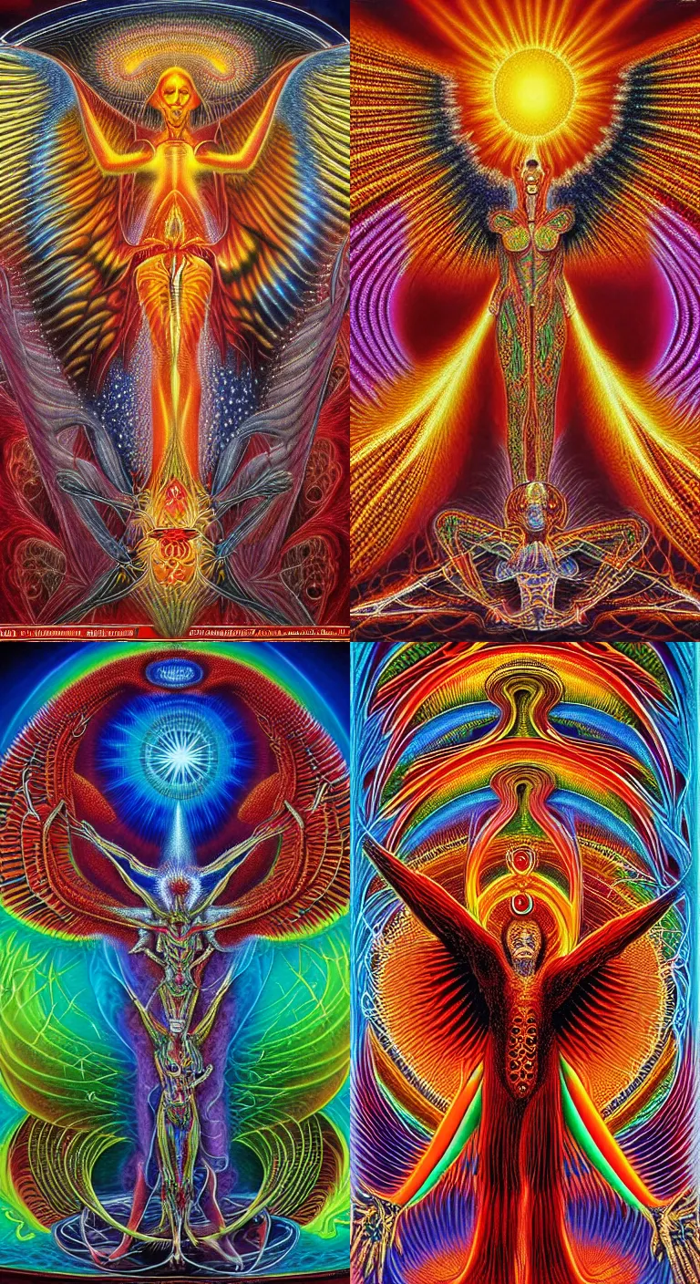 Prompt: angelic fiery satanic seraphim, infinite dream of all mystical human fractal consciousness experiencing itself subjectively, transcendent, alex grey, emek, Gunther von Hagens, highly detailed, cinematic, dramatic, sublime