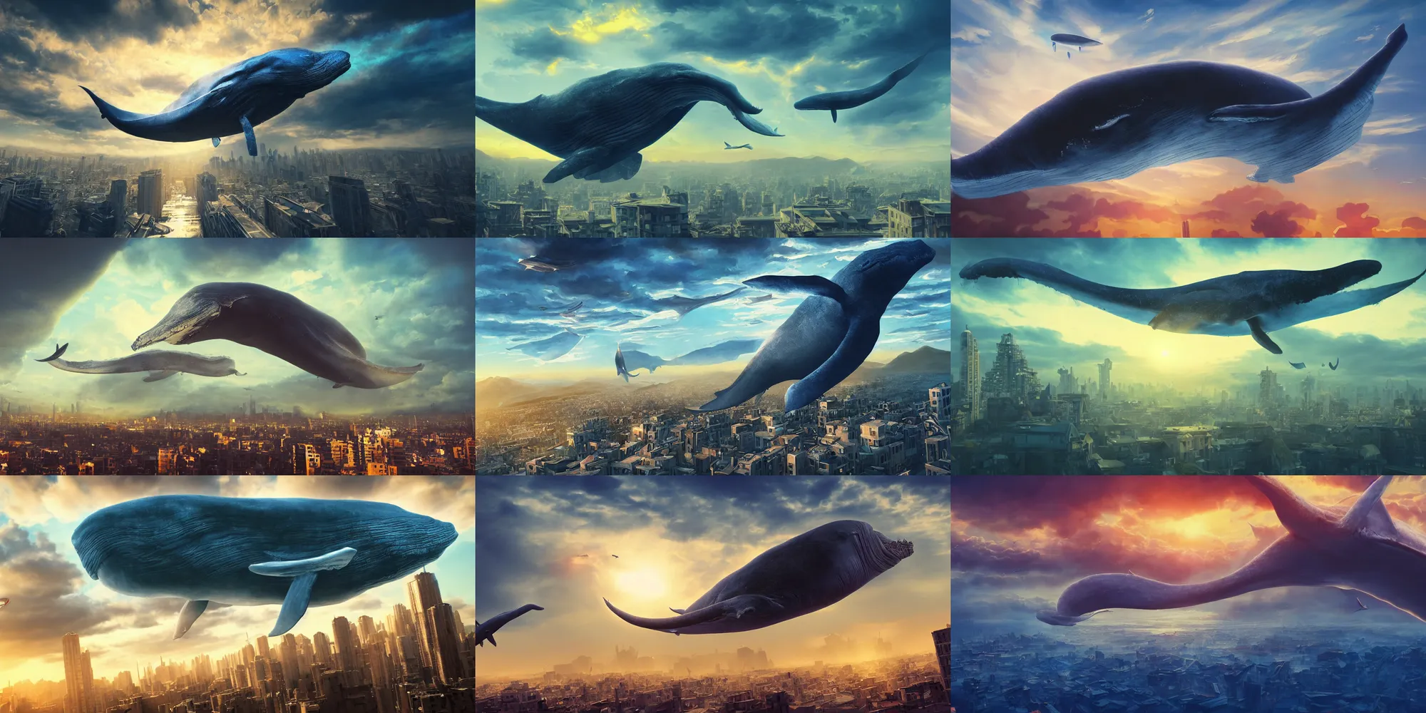 Prompt: a huge blue whale is flying high in the sky above a city, epic, surreal, cinematic shot, golden hour, artstation, deviantart, dreamy atmosphere, high definition