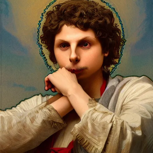 Image similar to a detailed portrait of michael cera as santa ana at the alamo, long twirling moustache, by alphonse mucha and albert bierstadt and thomas moran and charles russel, god rays, intricate detail, cinematic, 8 k, featured on artstation, pixiv