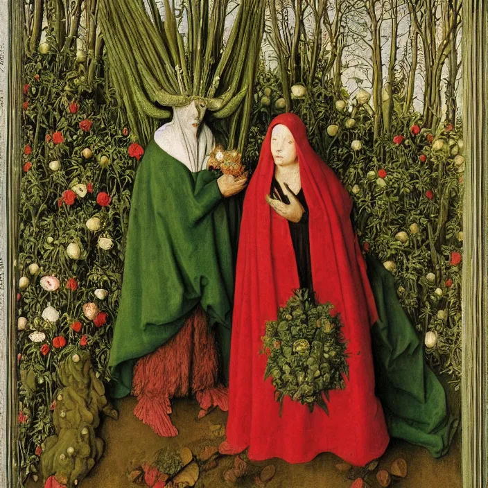 Image similar to a woman wearing a hooded cloak made of flowers holding a green-horned goblin monster, by Jan van Eyck