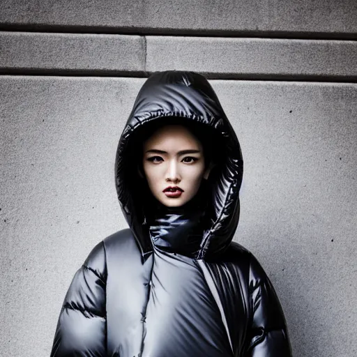 Image similar to well lit fashion shoot portrait of extremely beautiful gal godot marble statue wearing huge over size puffer jacket by dingyun zhang, yeezy, balenciaga, vetements, a cold wall, sharp focus, clear, detailed,, cinematic, detailed, off white, glamourous, symmetrical, vogue, editorial, fashion, magazine shoot, glossy