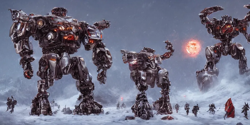 Prompt: a giant mechanical robot with crab feet full of battle armor and weapon in the snow along with marching army going to battle, scifi, style by dylan cole, digital art, matte painting, artstation, concept art