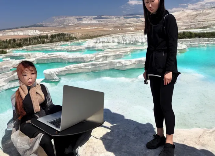 Image similar to Lee Jin-Eun hacking a laptop at Pamukkale by Vincent Di Fate, rule of thirds, seductive look, beautiful, masterpiece, Refined