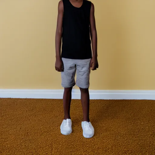 Prompt: black boy wearing a white tank top, standing in a room with yellow walls and brown carpet