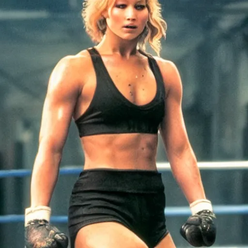 Prompt: still of jacked up Jennifer Lawrence as Yvonne Drago in Rocky IV remake 2029
