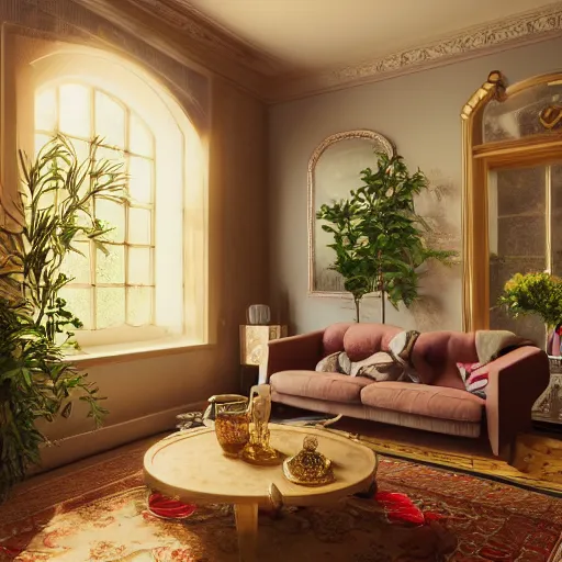 Image similar to beautiful rendering of an interior scene, english retro living room with sunlight coming from the window, plants and roses as accents, gold glittering ornaments, trending on behance, by raphael lacoste and craig mullins, rule of thirds, 8 k resolution, unreal engine, rendered in maya, detailed, wide - angle lens, two - point perspective, light effect, overall color balance