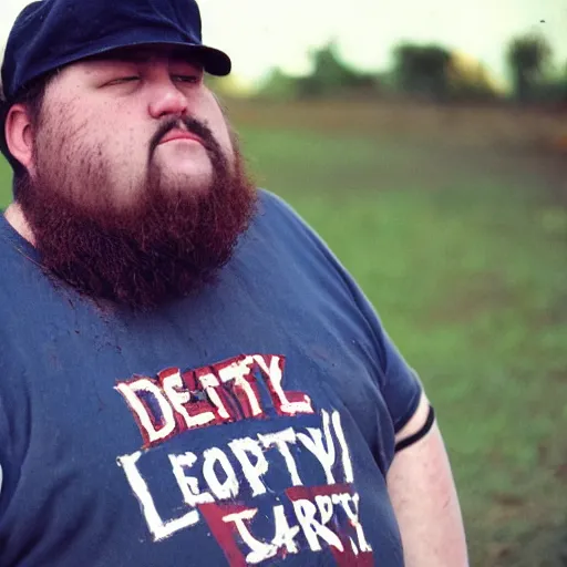 Image similar to obese redneck man with long beard wearing dirty and tattered harvard shirt, kodak gold 2 0 0,