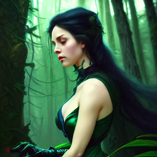 Image similar to wide angle, rogue, green black blue color palette, focused, forest, female, d & d, fantasy, intricate, elegant, highly detailed, long jet black hair, digital painting, artstation, octane render, concept art, matte, sharp focus, illustration, hearthstone, art by artgerm, alphonse mucha johannes voss