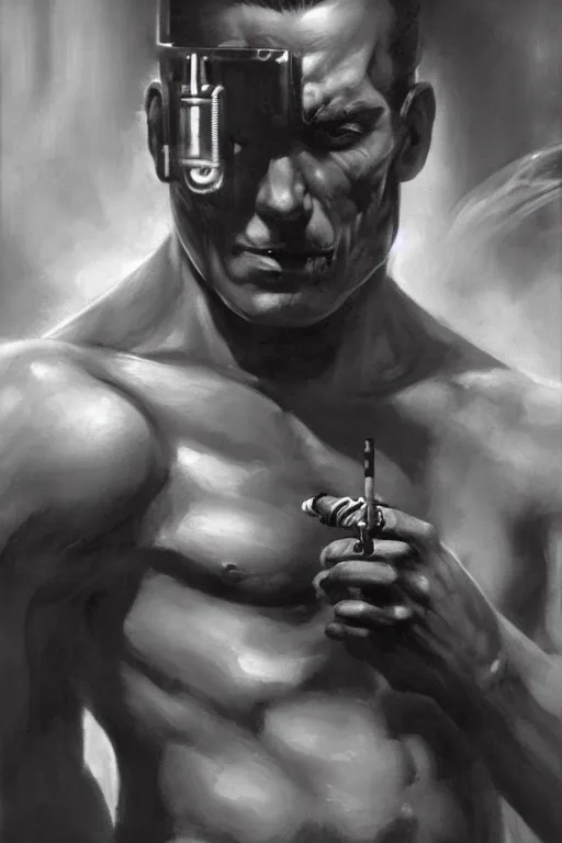 Prompt: A muscular male android smoking a cigar in a cyberpunk setting, by Frank Frazetta, Trending on Artstation, highly detailed,