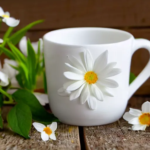 Prompt: ceramic mug surrounded by white flowers and green leaves, soft clean zen minimalist, white background, brightly lit, cool crisp